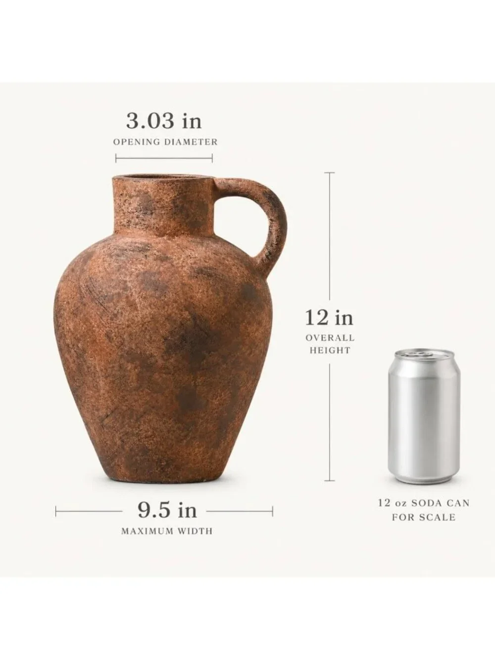 12in Vintage Terracotta Vase with Single Handle - Rustic Home Decor Accent